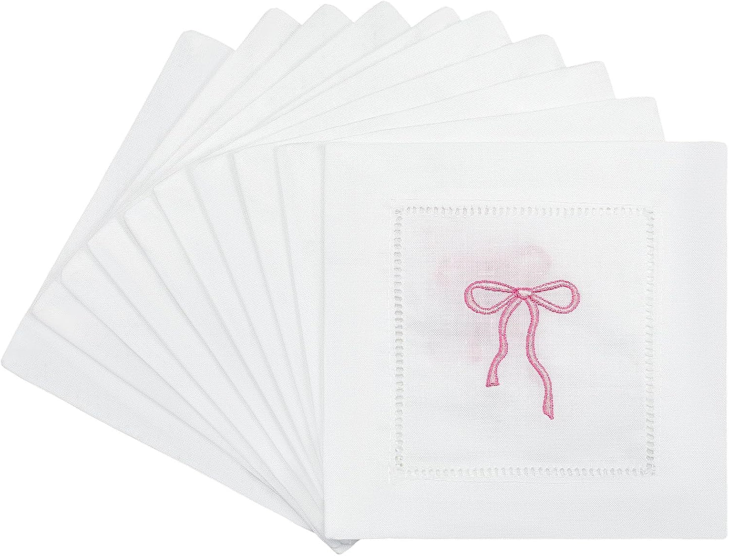 LemonRoad Embroidered White Linen Cocktail Napkin 6x6 inch Pink Bow Napkin Gift for Women Set of 12 Cloth Cocktail Washable Linen Hemstitch for Wedding,Birthday Bachelorette Pink Bow Themed Party