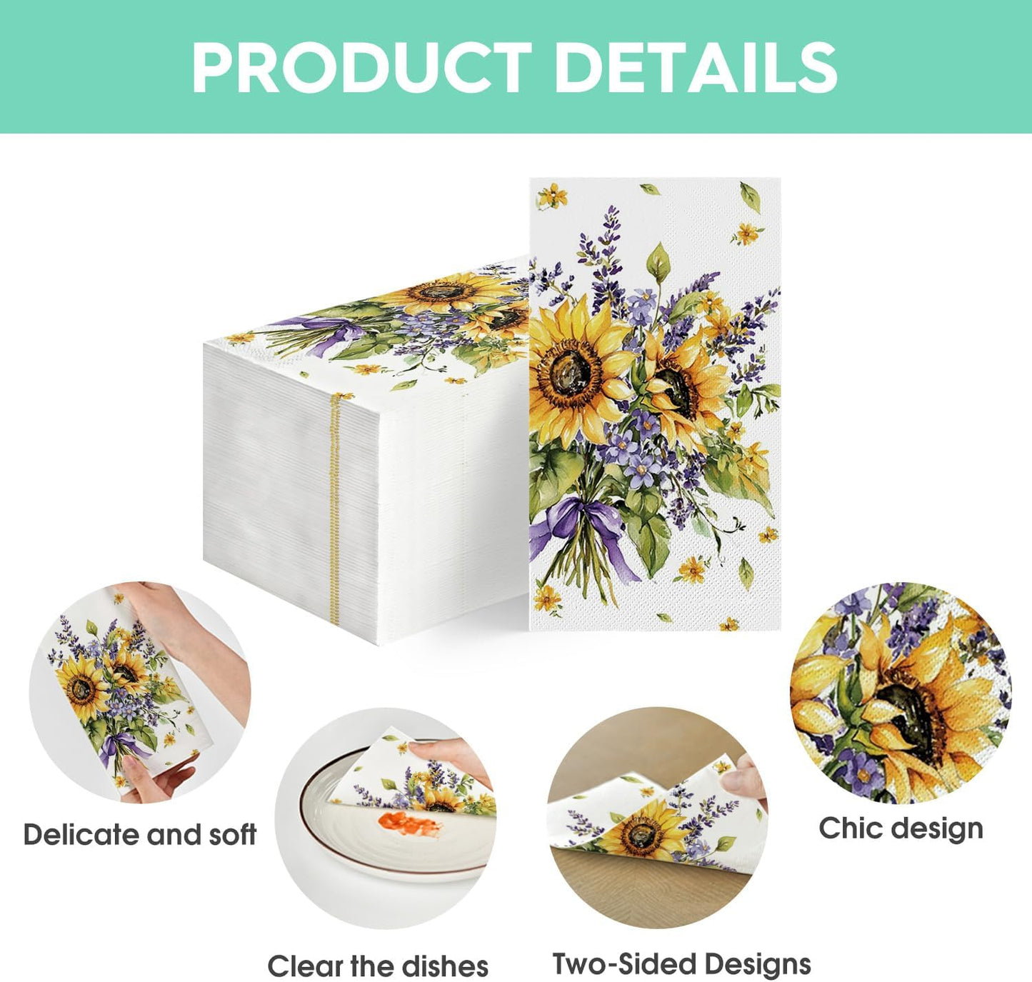 Horaldaily 100 Spring Disposable Paper Decorative Guest Napkins, Sunflower lavender Purple Flower Hand Towel for Party Lunch Dinner Kitchen Bathroom