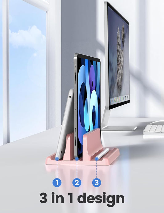 Vertical Laptop Stand Holder Plastic Adjustable Desktop Notebook Dock Space-Saving 3 in 1 for All MacBook Pro Air, Mac, HP, Dell, Microsoft Surface, Lenovo, up to 17.3 inches (Pink)