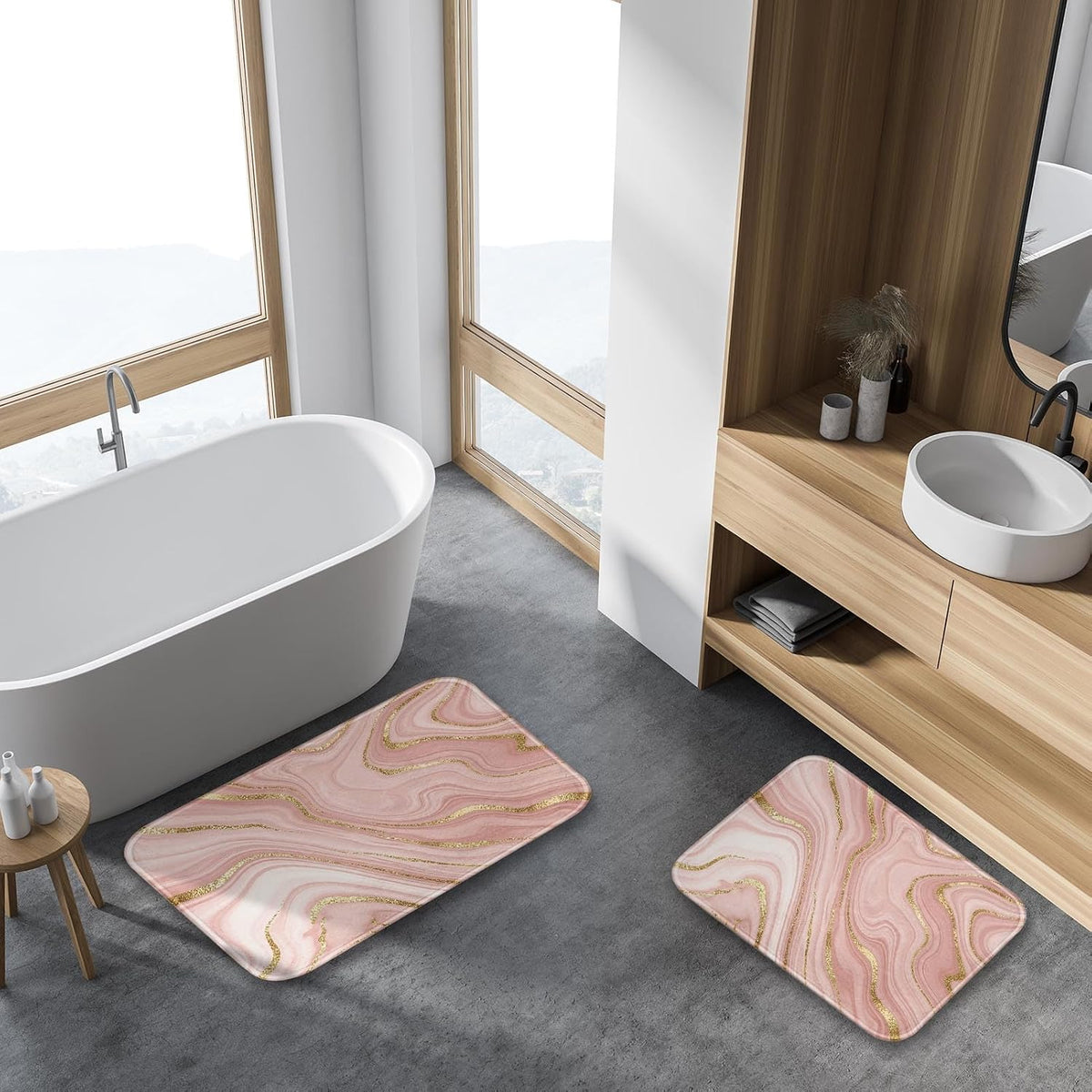 Bathroom Rug Mat Set of 2, 16x24 + 20x32 Inch, Marble Pink