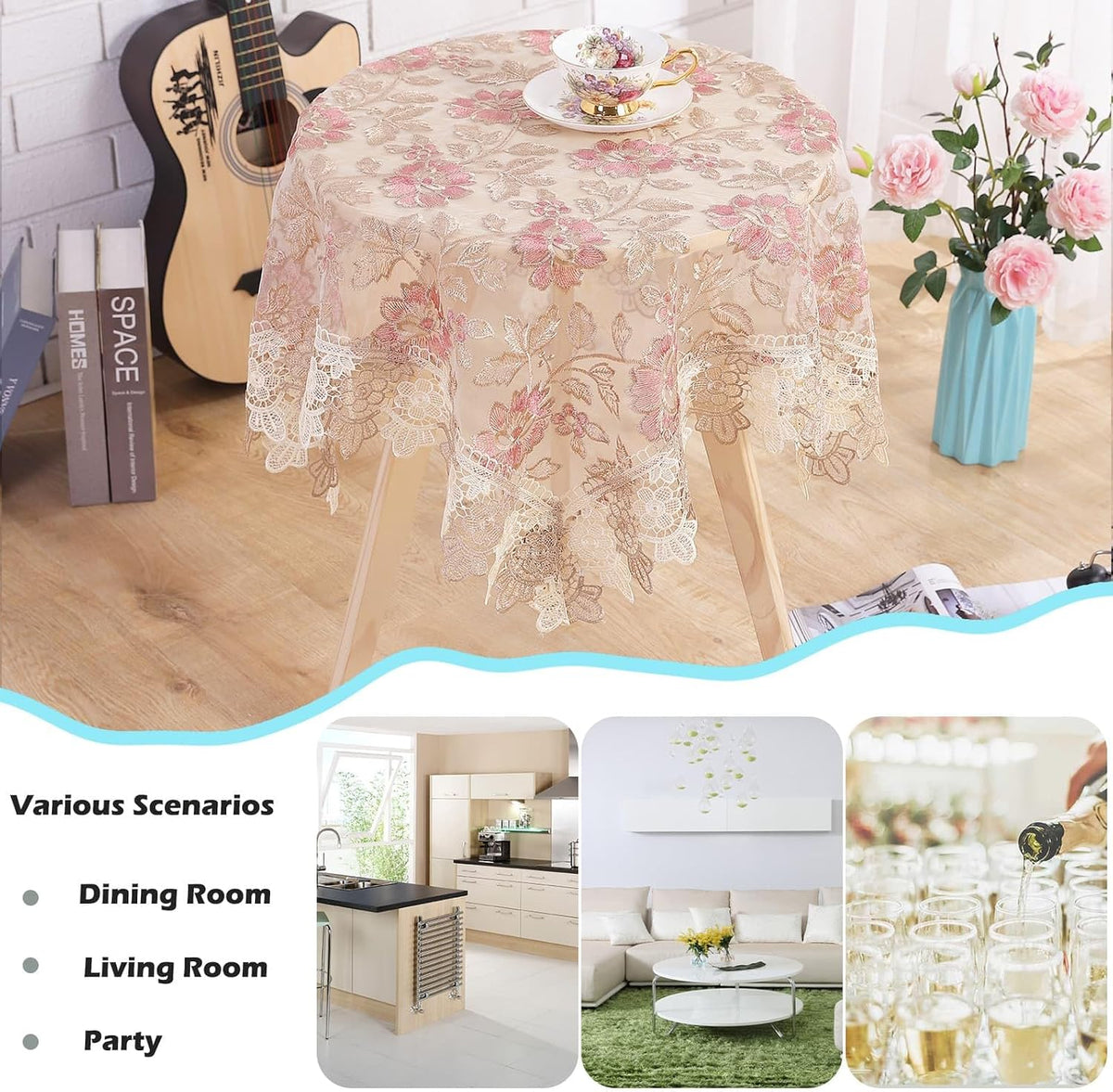 Round Pink Floral Tablecloth - Lace Embroidered Elegant Decorative Edging Table Cover for Coffee Wedding Holiday(Pink, 48" Round)