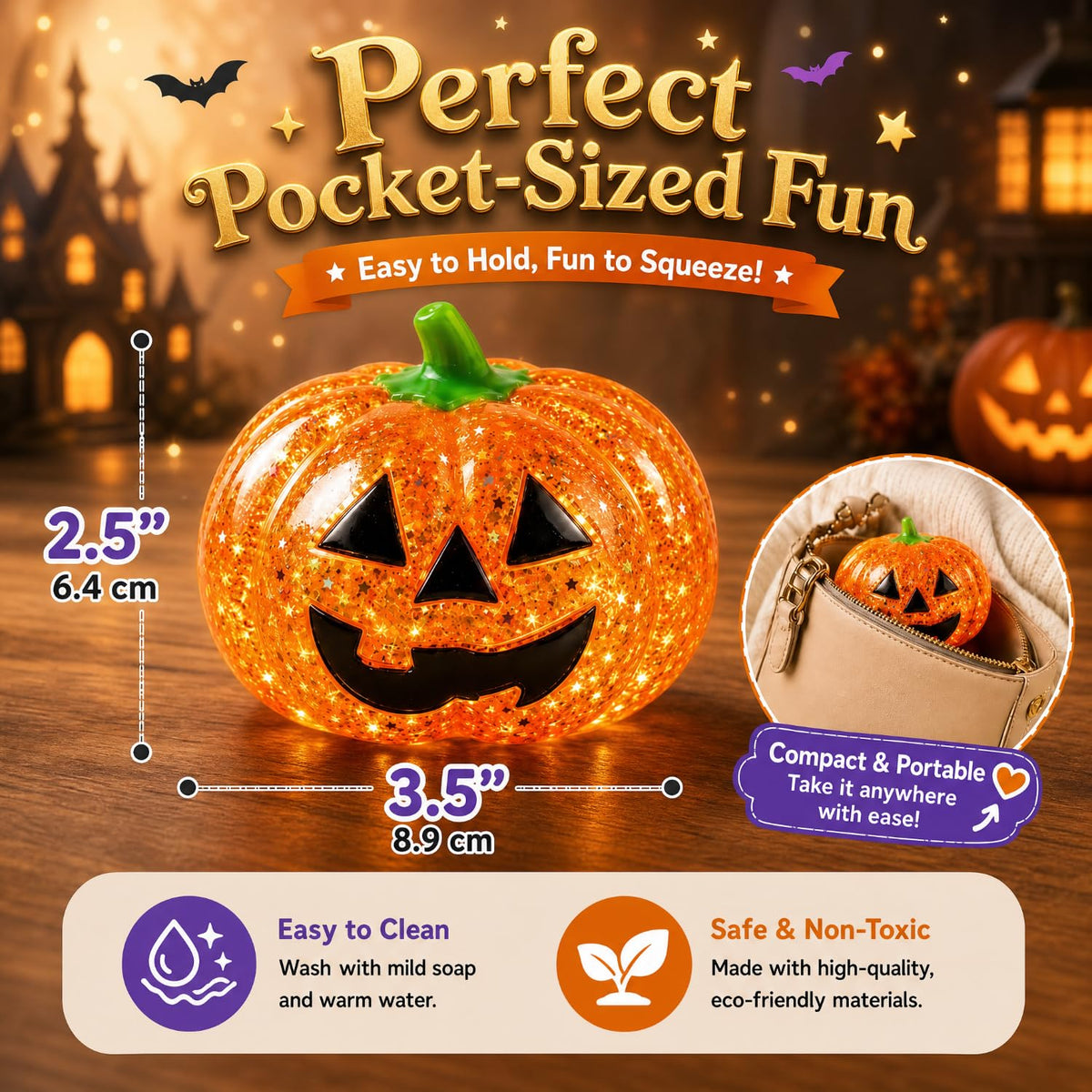 Halloween Glitter Pumpkin Squish Toy, Slow Rise Squeeze Fidget Toy, Soft Sparkly Squishy Stress Relief Toy, Halloween Party Favors, Trick or Treat Goodie Bag Fillers, Gifts for Kids Boys Girls