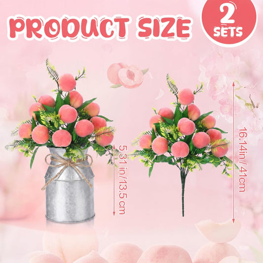 2 Sets Artificial Peach Branches with Flower Vases 16.14'' Realistic Artificial Peach Fruits Bouquet with Green Leaves Fruit Flower Arrangement for Home Baby Shower Party Farmhouse Table Decor