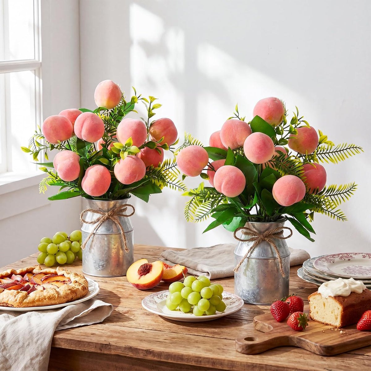 2 Sets Artificial Peach Branches with Flower Vases 16.14'' Realistic Artificial Peach Fruits Bouquet with Green Leaves Fruit Flower Arrangement for Home Baby Shower Party Farmhouse Table Decor