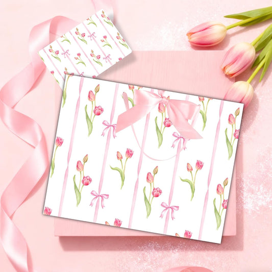 ASYEHNR 13" Large Size Pink Floral Gift Bag Tulip and Bows Pattern Gift Bag with Greeting Card Tissue Paper for Girls Women Birthday Baby Shower Wedding Mother's Day Valentine's Day Supplies