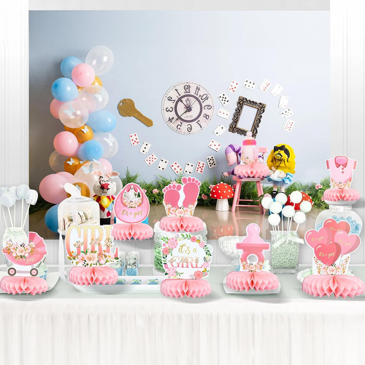 9Pcs Pink Baby Shower Decorations Honeycomb Centerpieces for Girls Floral It's a Girl Gender Reveal Table Centerpiece Party Supplies Baby Girl Pregnancy Announcement Table Topper