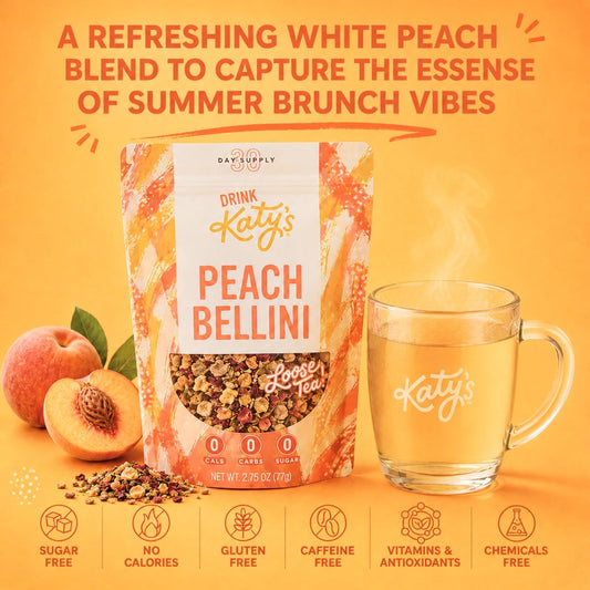 Katy’s Peach Bellini Loose Tea - Apple, Peach & Mango - Light Herbal Fruit Tea, Caffeine-Free, Sugar-Free - Hot or Iced Tea - 30+ Cups