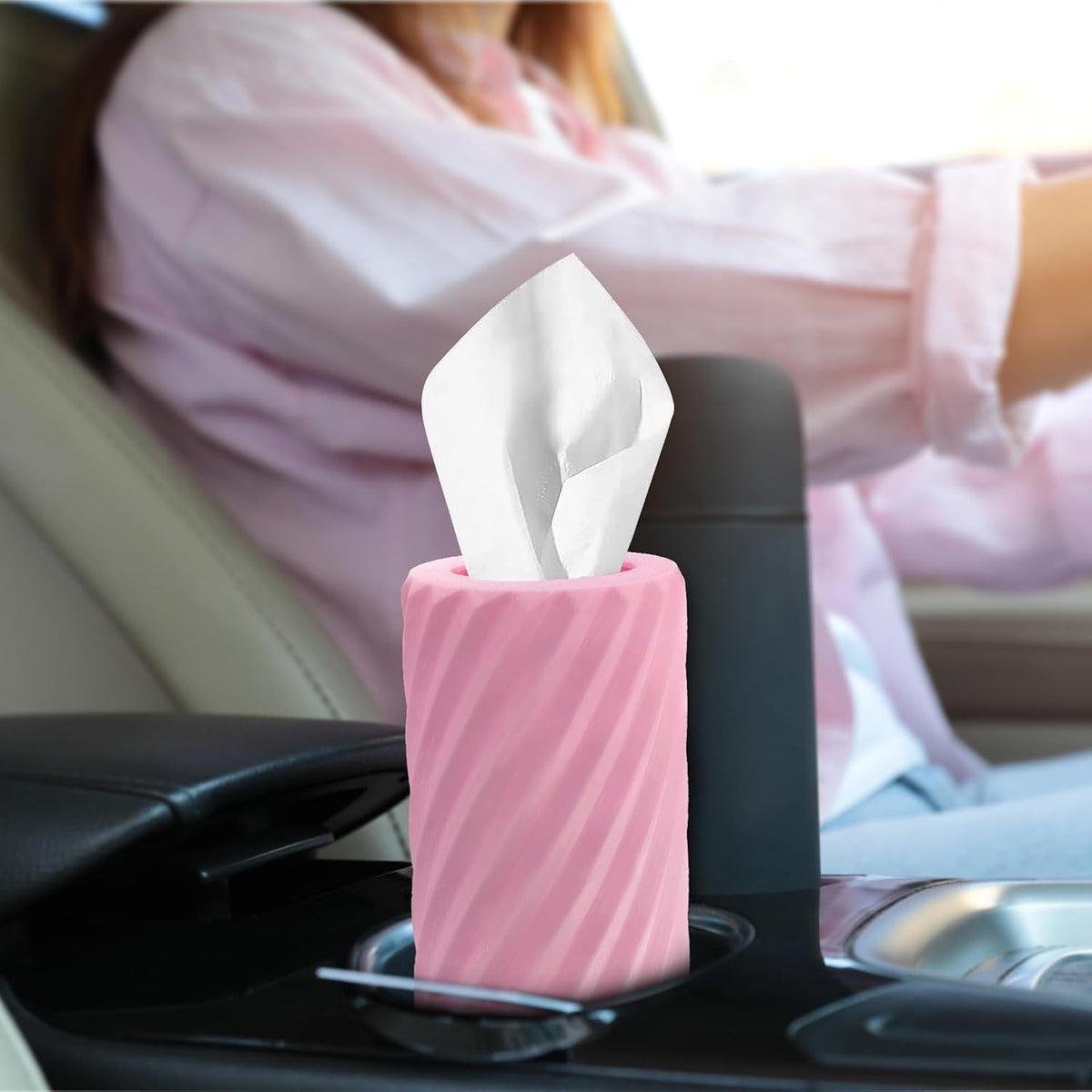 Car Tissue Holder, Refillable Round Cylinder with 3 Tissue Packs, Universal Fit for Vehicle Cup Holder, Home & Office, Car Accessories Interior (Pink)