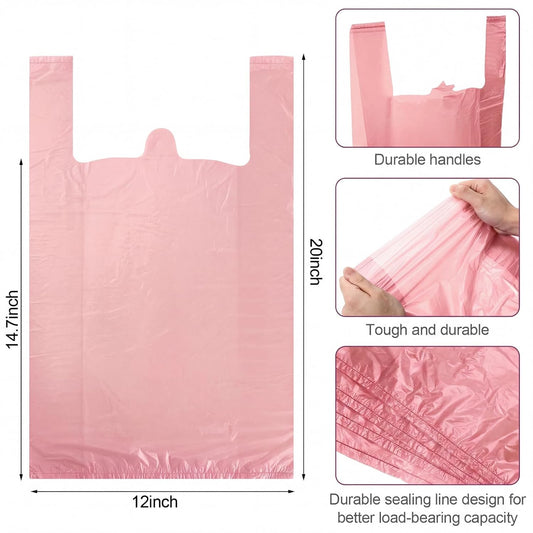 200 Pcs T Shirt Bags Bulk Plastic Shopping Grocery Retail Bags with Handles 12 x 20 Inch for Small Business, Supermarket, Restaurant (Peach Pink)