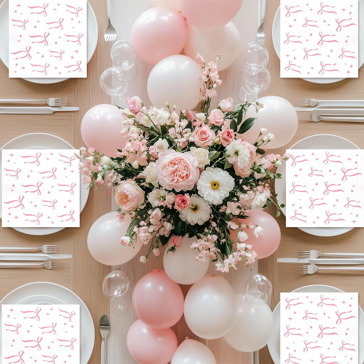 Pink Bow Napkins Disposable Coquette Cocktail Napkins, 100 Pcs