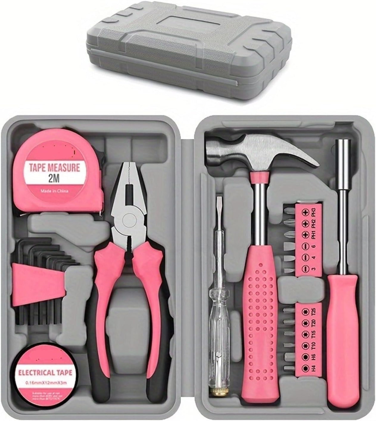 13pcs pink household manual toolbox, including pliers, tape measure hammers, and other tools, can be used Compatible with home repairs.(Art knife style)