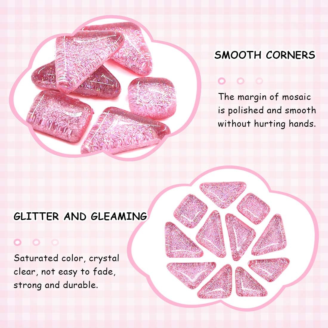 1 Pound Pink Shine Crystal Series Mosaic Tiles Assortment Kit, Square and Triangle Genuine Mosaic Tiles Glitter Crystal Mosaic Perfect for Home Decoration Crafts