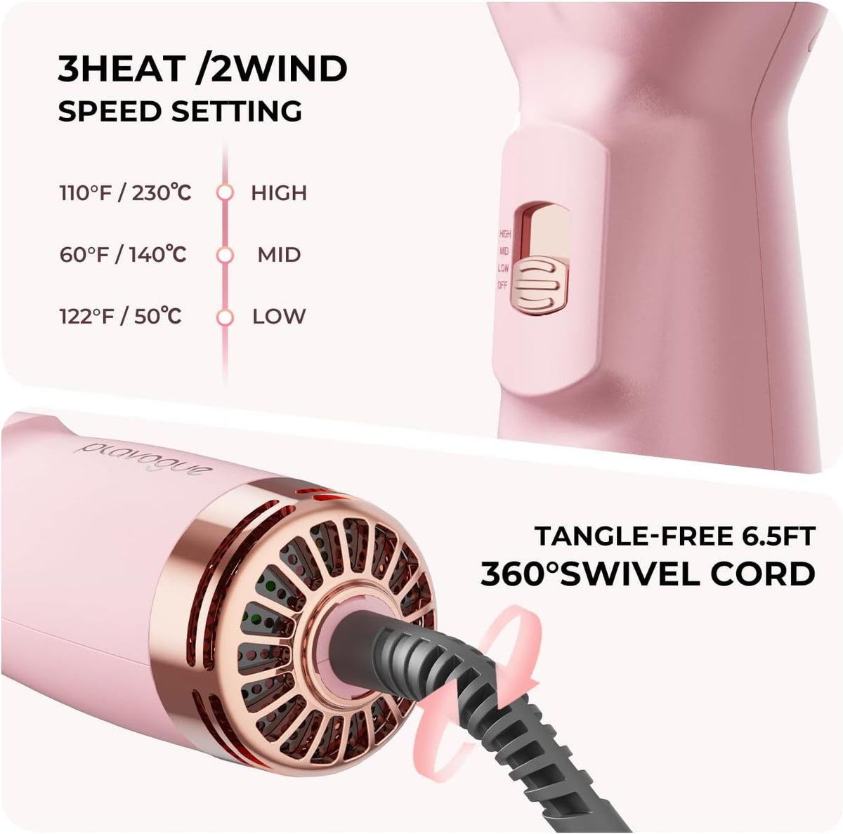 PLAVOGUE Mini Dual Voltage Hair Dryer Brush, 700 Watts Travel Hot Air Brush with European Plug,Ionic One Step Blow Dryer and Styling Brush with Ceramic Coating for Women for Home & Salon (Pink)