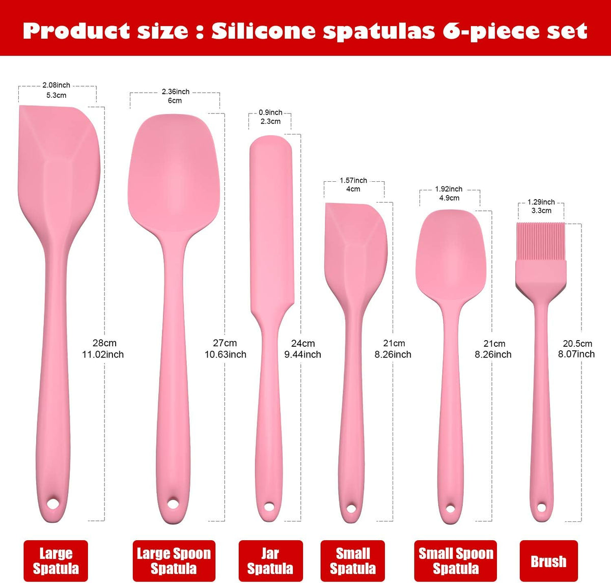 Heat Resistant Silicone Spatulas Set 6pcs, Seamless Design Non-Stick Mixing Spatulas with Stainless Steel Core, Premium BPA-Free Rubber Spatula Baking Cooking Utensile for Home Kitchen BBQ (pink)