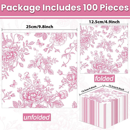 gisgfim 100PCS Pink Floral Napkins Disposable Vintage Pink Flower Paper Napkin Bouquet Beverage Dinner Square Hand Towels for Bridal Tea Wedding Birthday Party Supplies Table Decorations