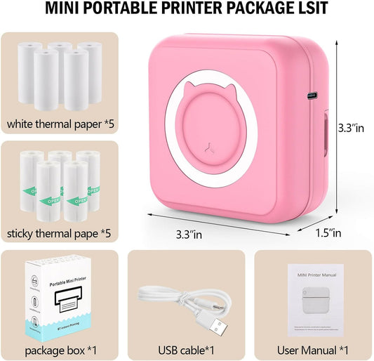 Inkless Mini Thermal Pocket Printer, Wireless Mini Sticker Printer with 10 Rolls Thermal Paper for iOS&Android, Portable Mini Photo Printer for Notes Journal Memo Photo Study, Pink