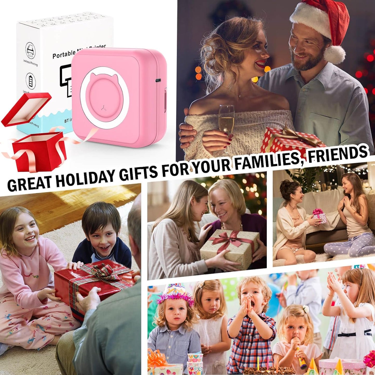 Inkless Mini Thermal Pocket Printer, Wireless Mini Sticker Printer with 10 Rolls Thermal Paper for iOS&Android, Portable Mini Photo Printer for Notes Journal Memo Photo Study, Pink