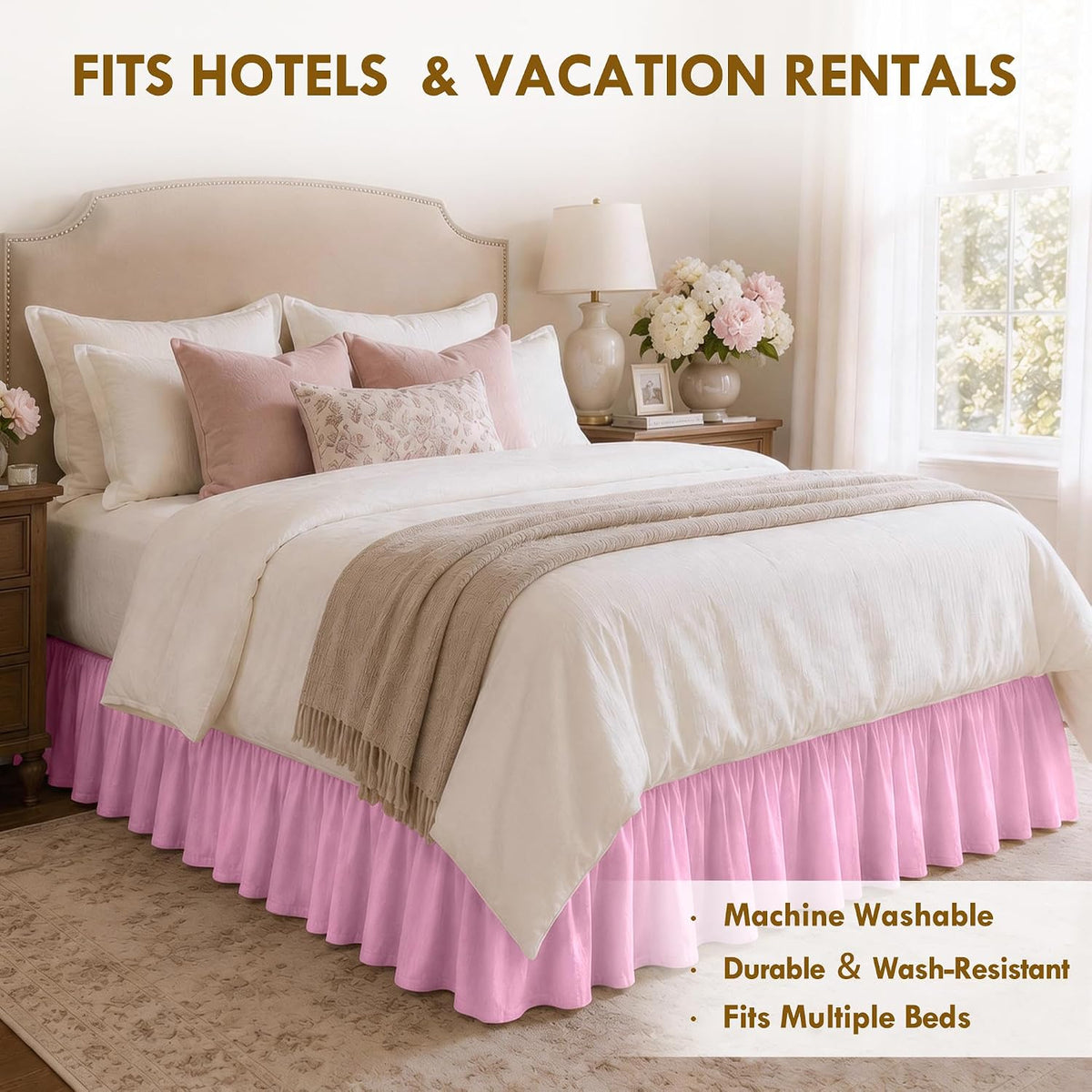 Pink Full Wrap Around Bed Skirt, 18" Drop, Easy Fit