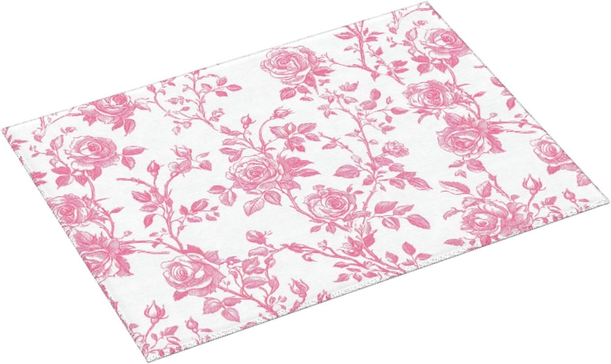 Pink Floral Rose Toile Pattern Dish Drying Mat For Kitchen Counter, Drain Rack Mat Microfiber Quick Dry Dish Pad