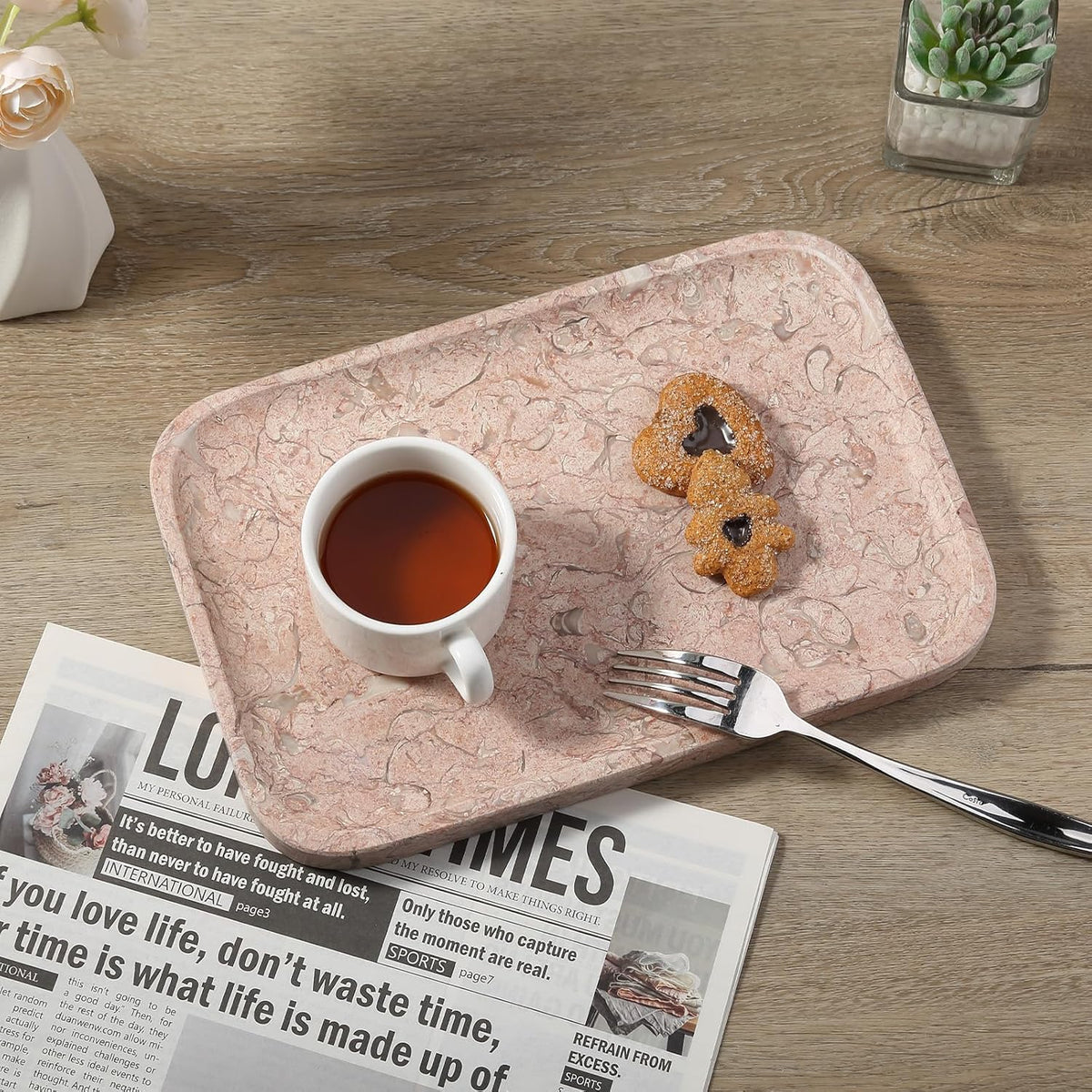 Marble Tray, 12"x8" Natural Marble Vanity Tray for Countertop Bathroom Kitchen Dresser, Decorative Catchall Trays for Perfume Jewelry, Rectangular Stone Serving Tray(Pink)