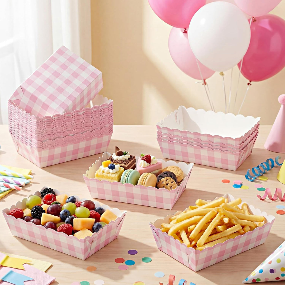 48 Pcs Gingham Party Supplies Pink Plaid Paper Food Trays