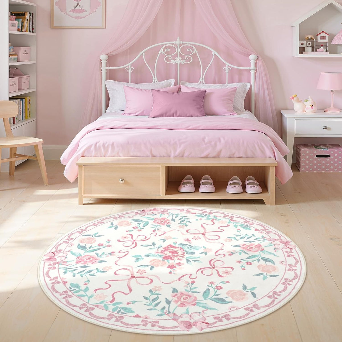 6ft Pink Floral and Bow Washable Round Rug for Girls Bedroom