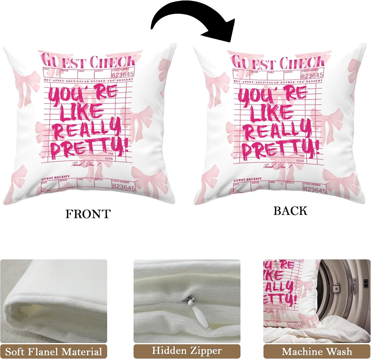 Inspirational Bow Throw Pillow Covers 18x18, Coquette Check Pillowcase, Coquette Preppy Dorm Room Decor for College Girls, Girly Positive Decor for Home