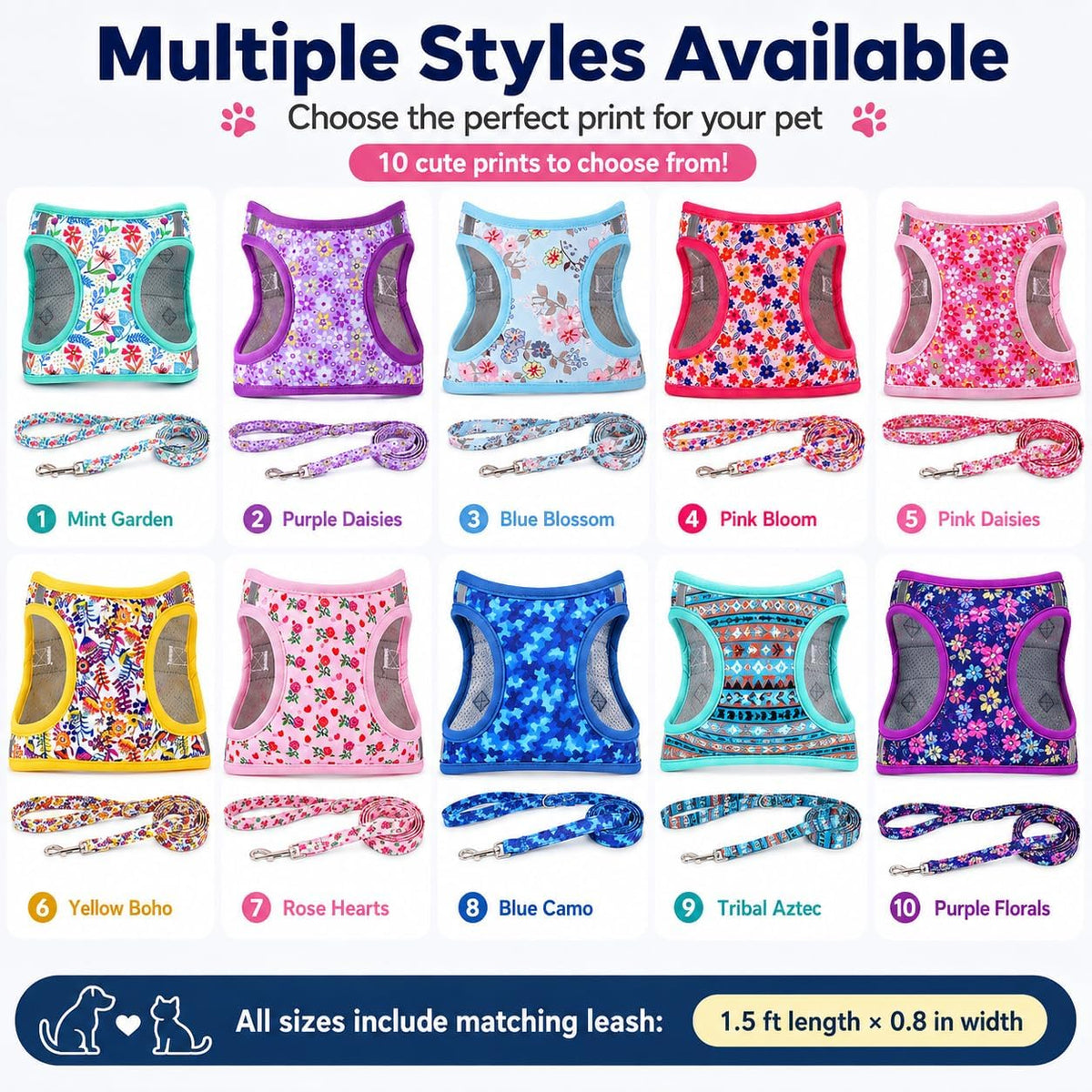 Step in Dog Harness Leash Set- All Weather Reflective No-Pull Floral Pattern Padded Mesh Vest Harness for Cats Puppy Extra-Small Small Medium Large Dogs - Pink Flower - S