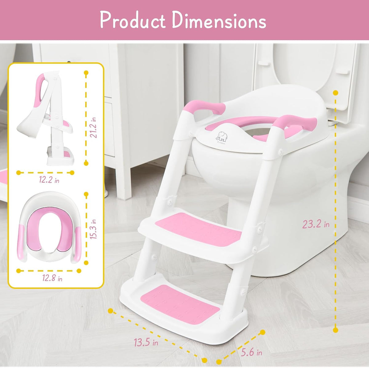 Potty Training Toilet Seat with Step Stool Ladder, Toddler Kids Potty Seat for Girls, Non Slip Foldable Toilet Training Seat with Soft Cushion, Comfortable Handles (White-Pink)