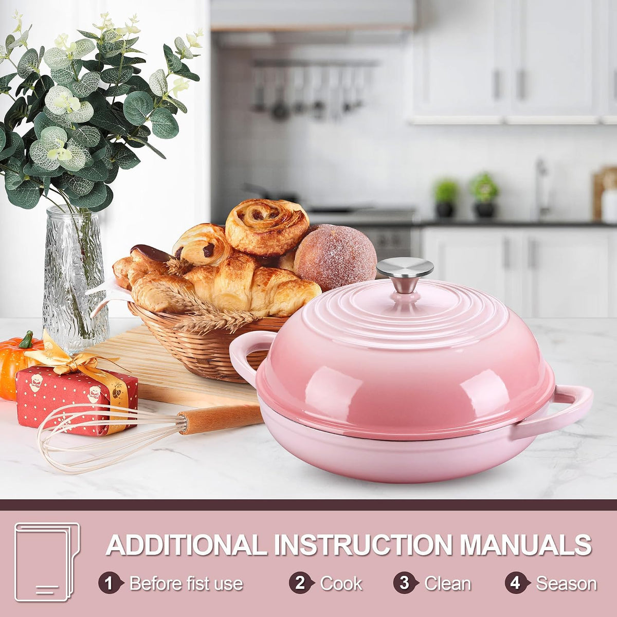 Pink Enameled Bread Dutch Oven for Sourdough, 5.5 QT