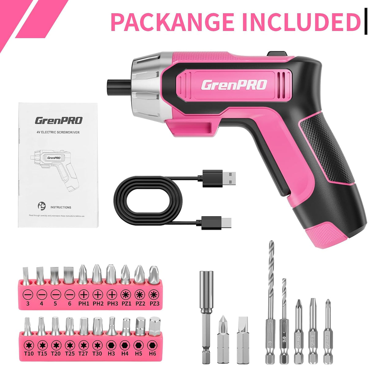 4V Cordless Electric Screwdriver Set, 29-Piece, Pink