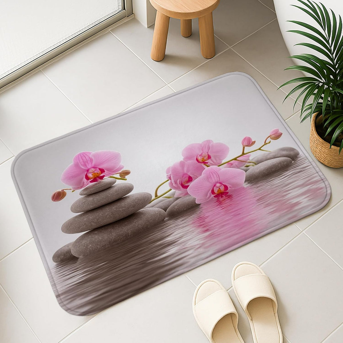 Zen Orchid Quick Dry Bath Mat, Elegant Peach Floral Stones Absorbent Non Slip Shower Mat, Modern Flannel Washable Bath Rugs for Bathroom Toilet Restroom Decorative 20x32 Inch