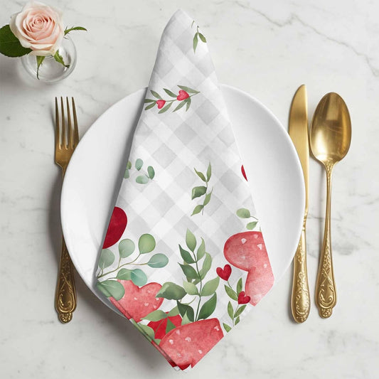 Valentine's Day Cloth Napkins Set of 1 Watercolor Red Pink Dots Love Heart Leaves Light Grey Plaid Soft Washable Square Dinner Napkins for Party Wedding Restaurant Hotel Cocktail 20x20 Inch