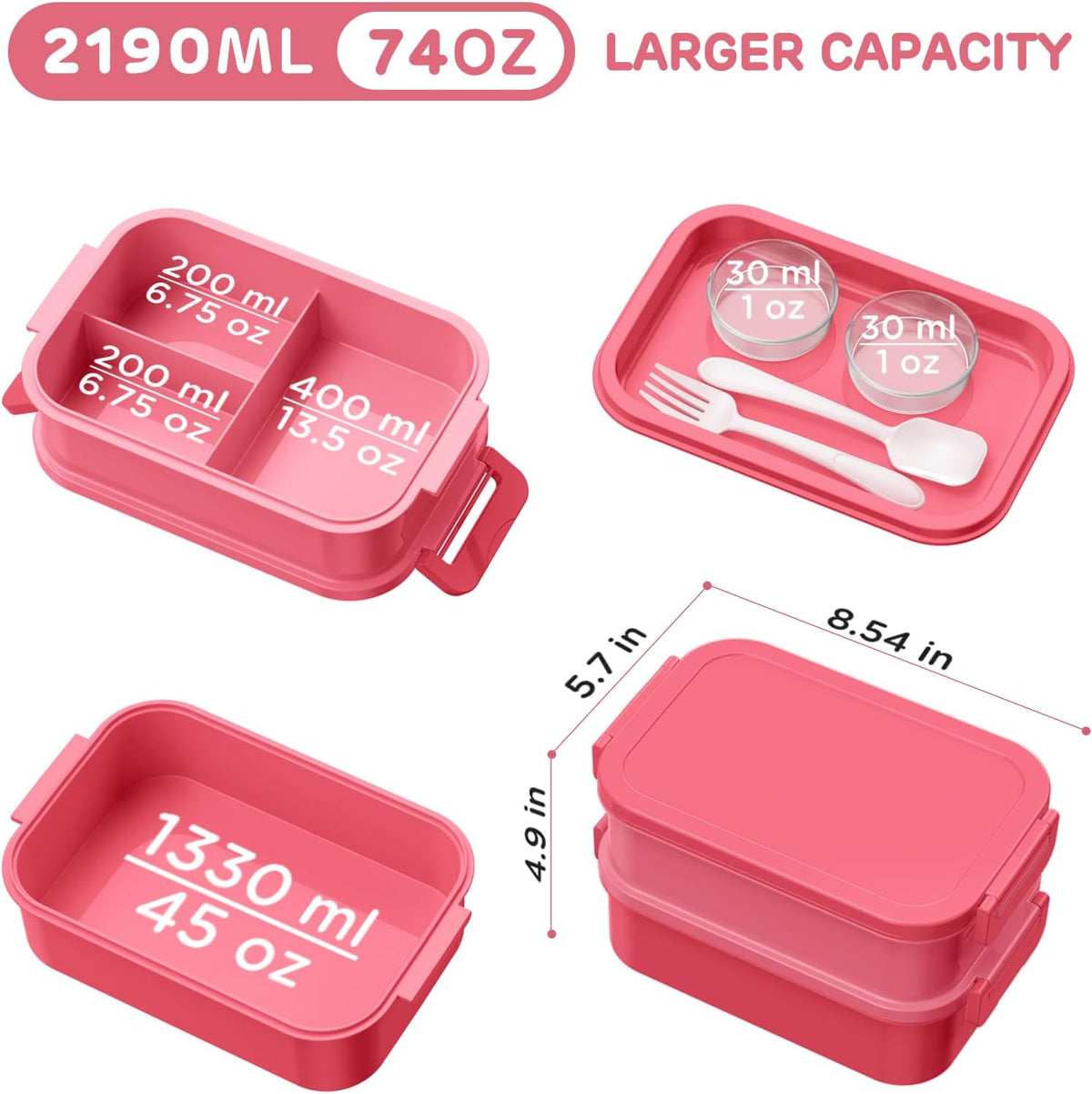 Adults Bento Box Lunch Box - Stackable All-in-One Leakproof Bento Lunch Box for Adults Women Girls 74 OZ Large Lunch Containers with Fork Spoon Sauce Boxes for Work School Dining Out, Pink