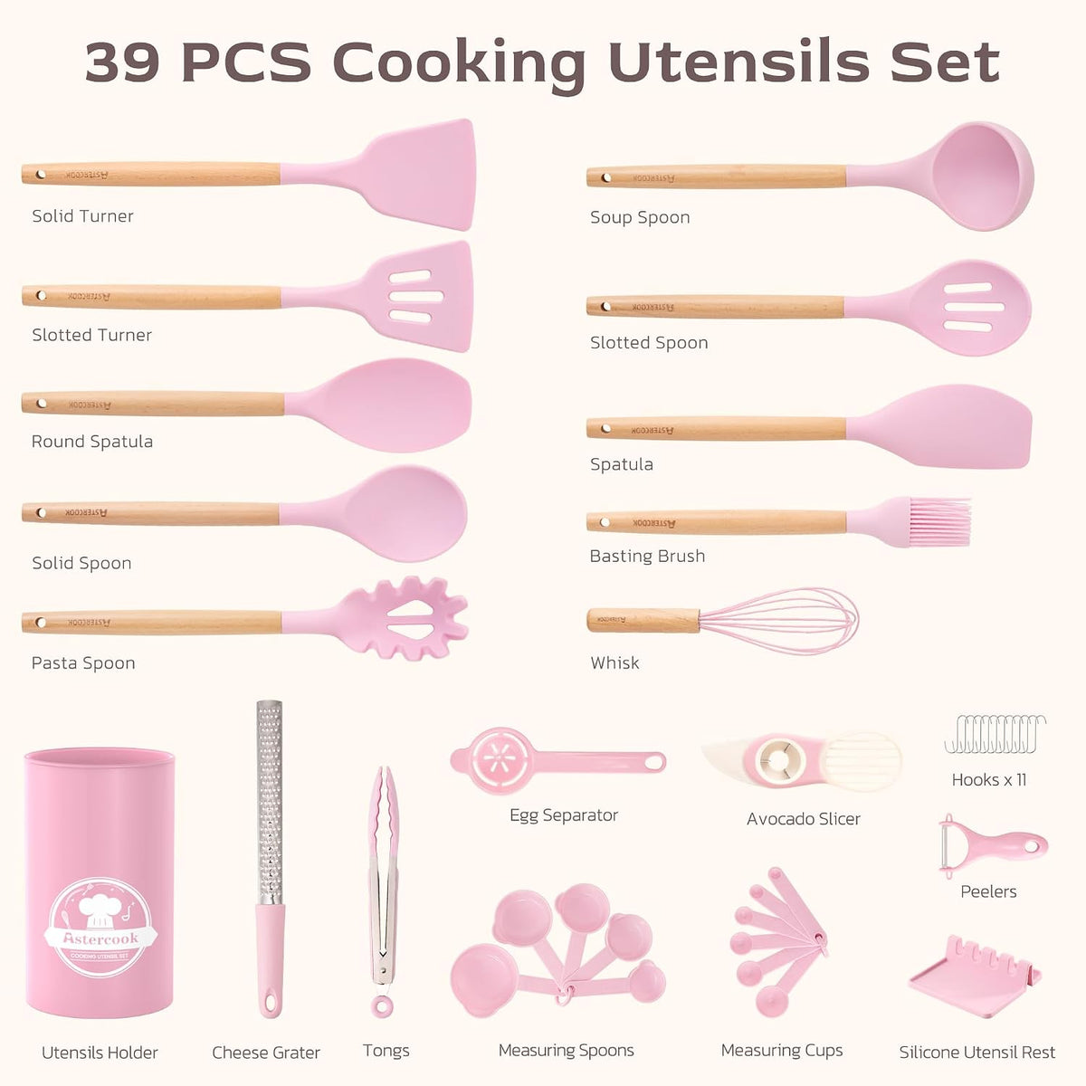 Kitchen Utensils set, 39 PCS Silicone Cooking Utensils Set with Wooden Handle, 446°F Heat Resistant Food Grade Utensil Sets, BPA Free Kitchen Gadgets Tools Set for Nonstick Cookware (Pink)