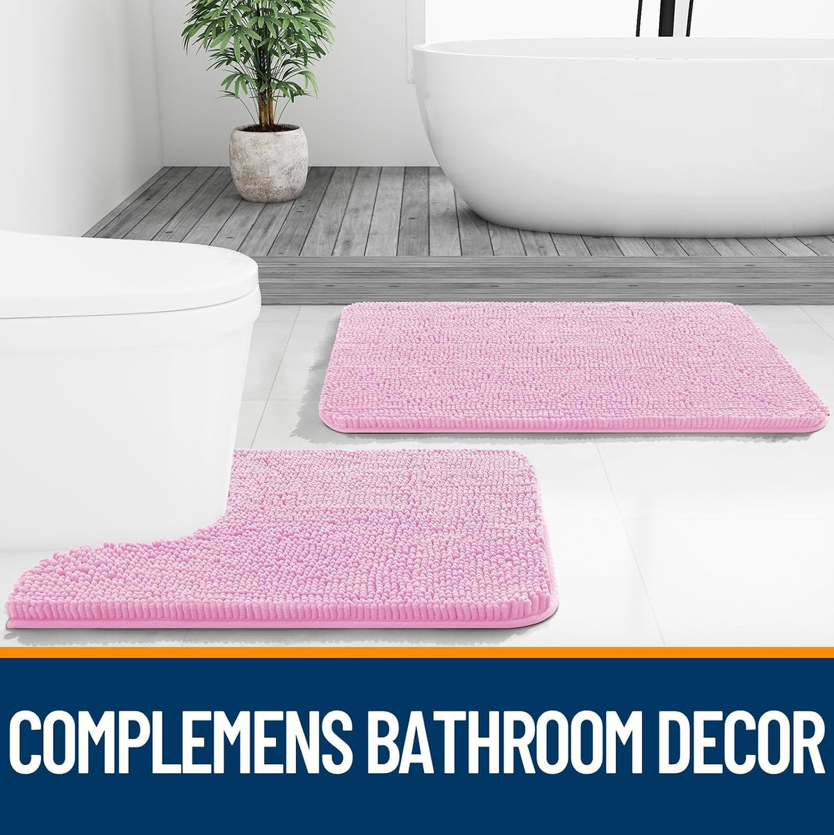 Chenille Bathroom Rugs Mats Sets 2 Piece, 24"x16"+24"x20", Pink