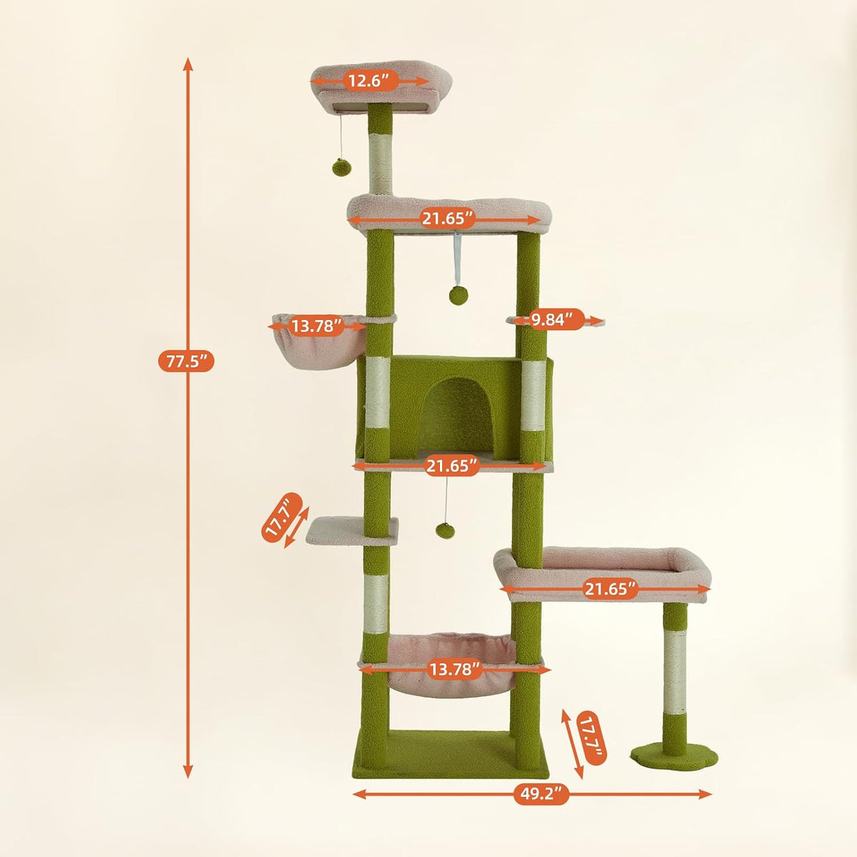 77.5 Inch Cat Tree with Bed, Hammock, Observation Deck, Plush Platform & Toy Ball for Indoor Cats (Green + Pink)