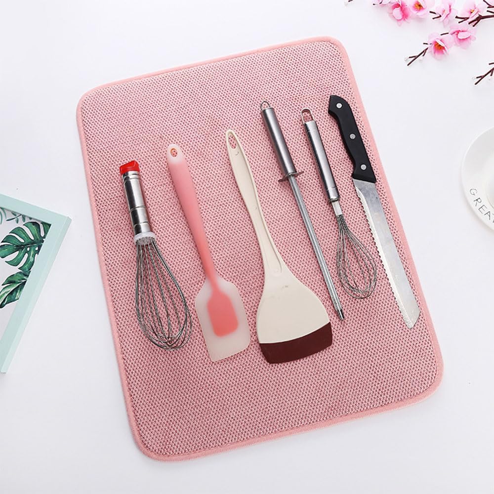 2pcs Dish Drying Mats with Hanging Loop, Absorbent Microfiber Dishes Drainer Mat for Kitchen Counter, Reusable Dish Drying Pad for Dishes, Utensils, Pots, Pans, 12" x 16", Pink