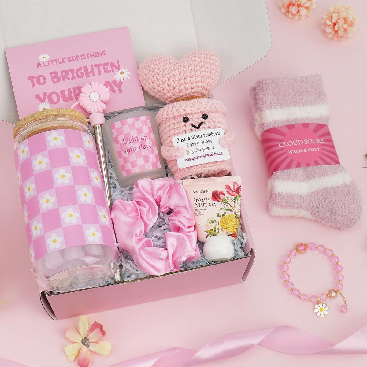 Pink Gift Basket for Women, Unique Birthday Gifts for Teen Girls Mom Sister