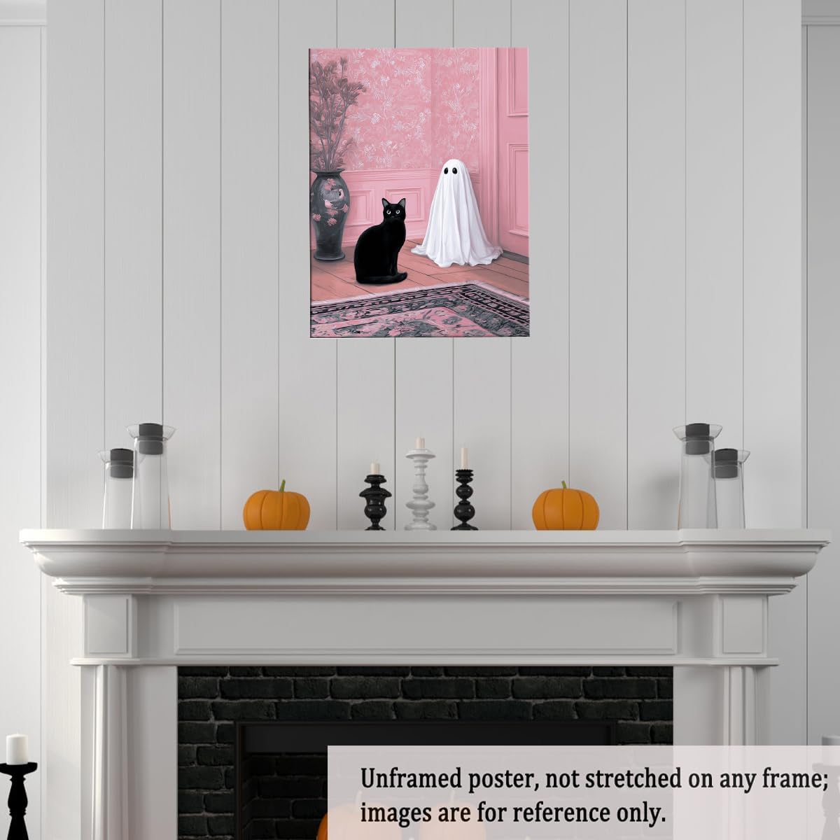Cute Ghost and Black Cat Wall Art – Pink Halloween Decor with Whimsical Spirit in Floral Room, Spooky Canvas Print for Girly Bedroom or Living Room 12x16in Unframed