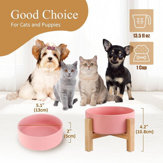 Elevated Ceramic Cat Bowl - Cat Food Bowl with Bamboo Stand - Raised Dog Dish for Puppies - Anti Vomiting, Stress Free - 13.5 oz / 400 ml - Pink