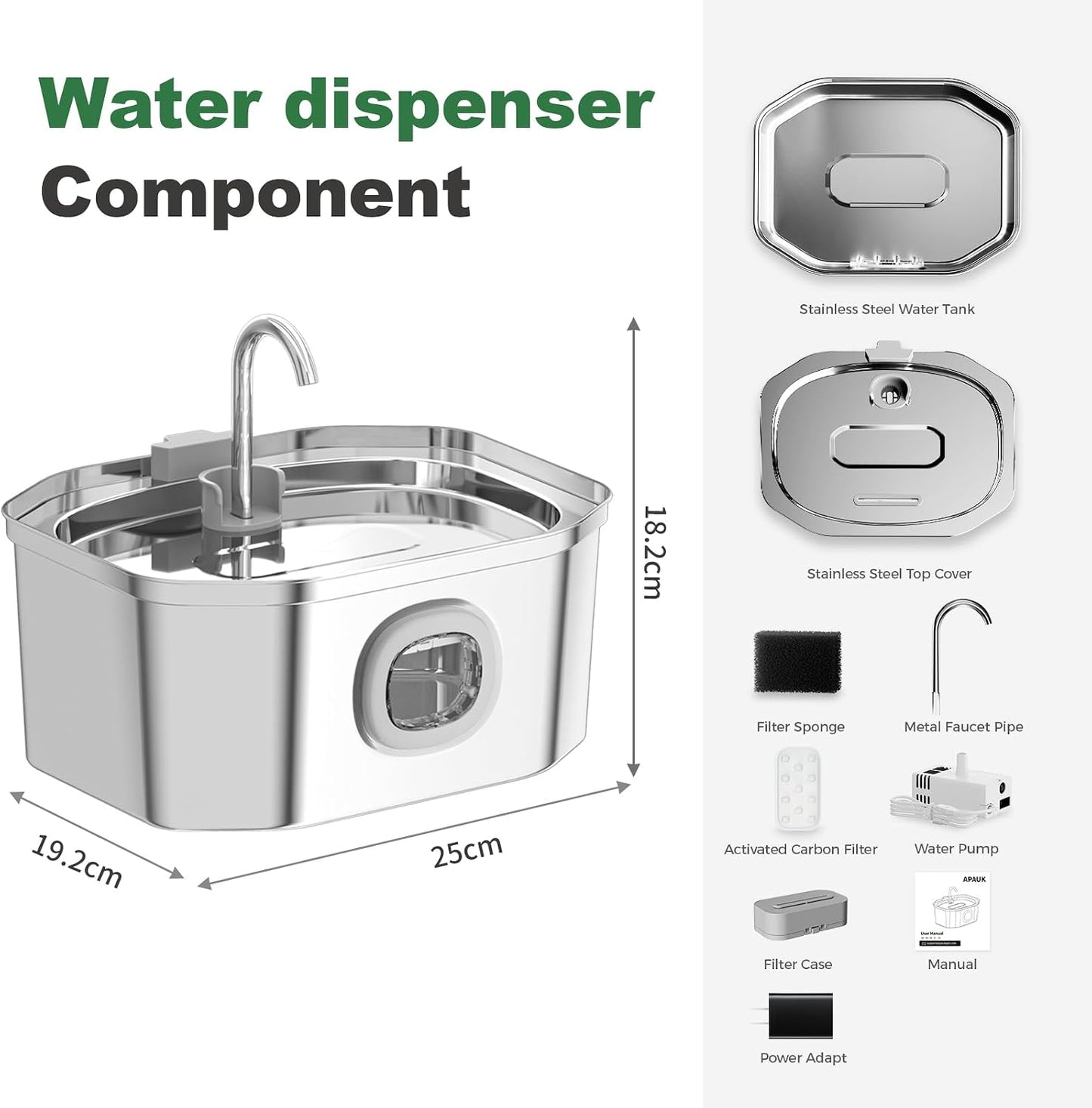 Cat Water Fountain, Apauk 108oz/3.2L Silent cat Water Fountain Stainless Steel, Cat Fountain, Automatic Dog Water Fountain,Controllable Blue Light - (2 Filters& 2 Sponges)