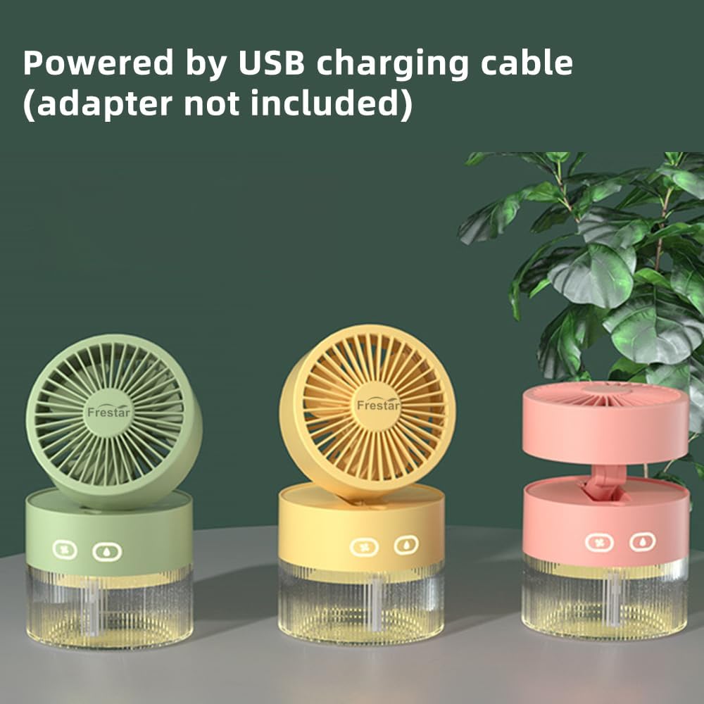 Personal Cooling Fan and Small Air Humidifier 350ml with LED Night Light, Desktop USB Charging 3 in 1 for Office and Small Room, 3 Speed, Auto Shut Off, No Battery (Pink)
