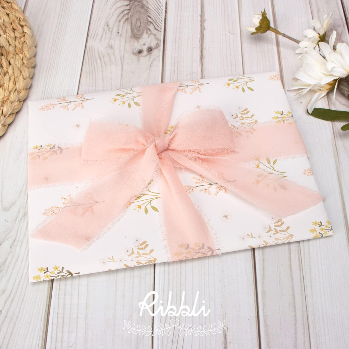 Blush Pink Chiffon Ribbon - 1-1/2 inch x 30 Yard Handmade Fringe, Perfect for Wedding Invitations, Bridal Bouquets & Flower Arrangements
