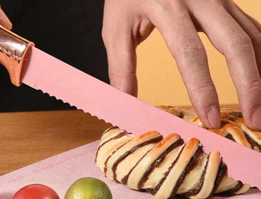 19 Piece Kitchenware Utensils and Knife Set- includes: 9 Piece Silicone Cooking Utensils- 5 Piece Sharp Stainless Steel Chef Knives- Scissors -Whisk Tongs and Cutting Board (Pink)