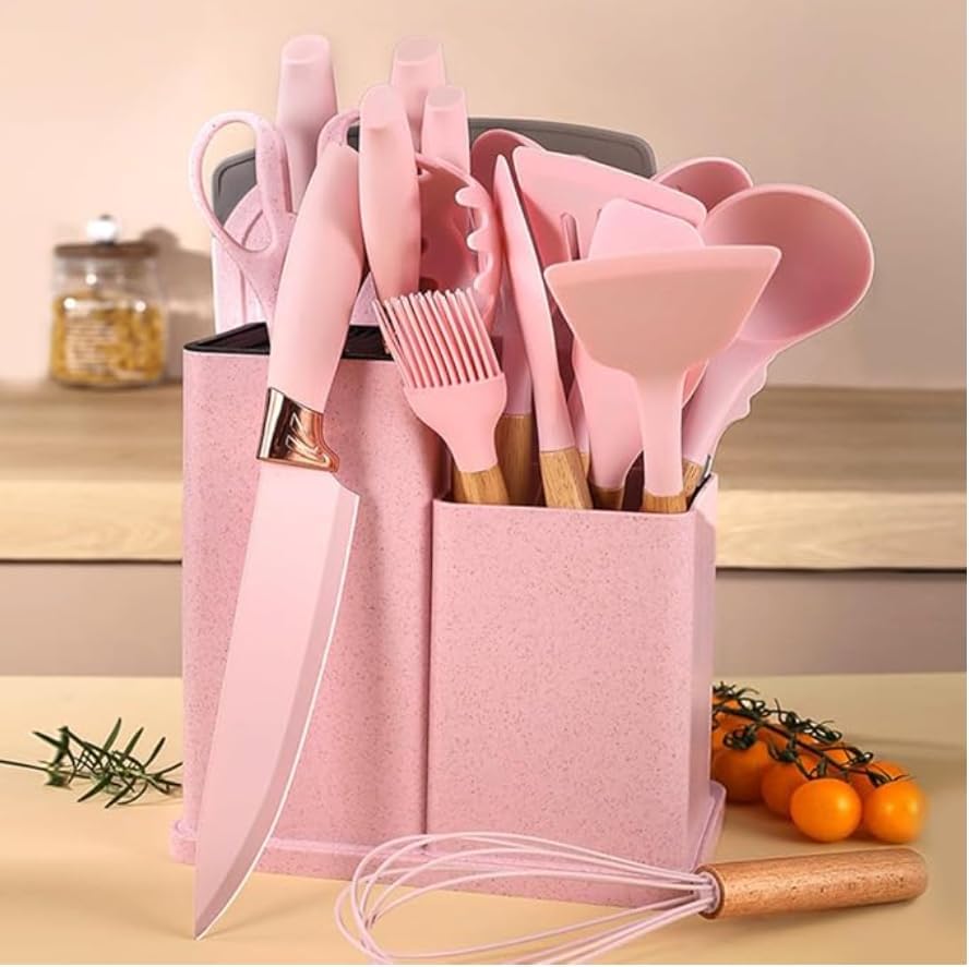 19 Piece Kitchenware Utensils and Knife Set- includes: 9 Piece Silicone Cooking Utensils- 5 Piece Sharp Stainless Steel Chef Knives- Scissors -Whisk Tongs and Cutting Board (Pink)