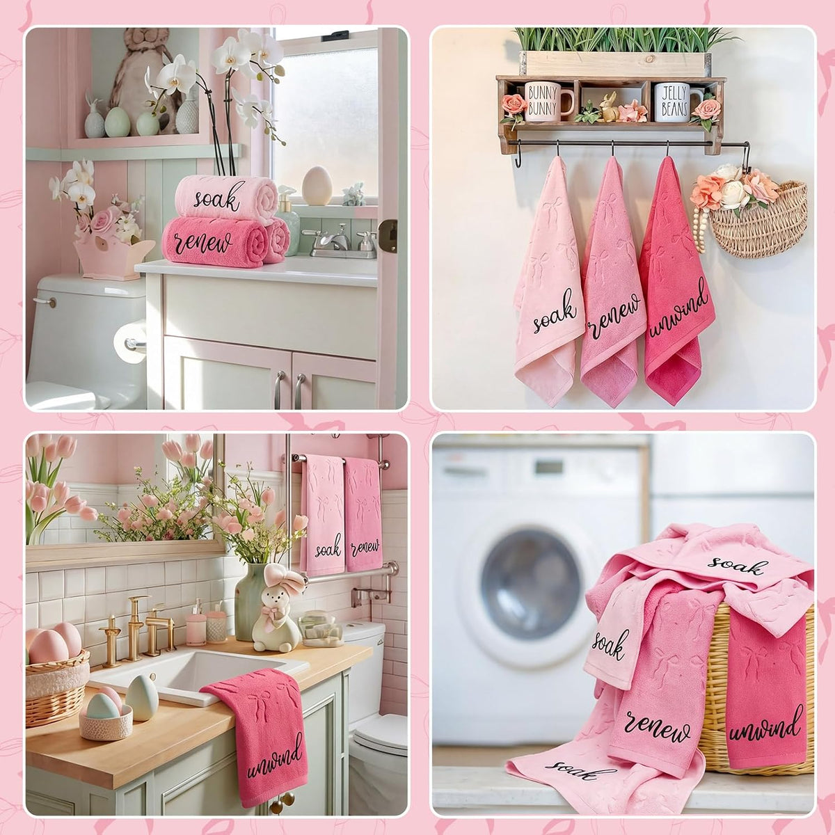 3 Pcs Pink Bow Hand Towels for Bathroom 13.7"x29.5"