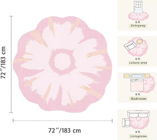6ft Pink Round Area Rug for Girl Bedroom Washable Cute Circle Rug