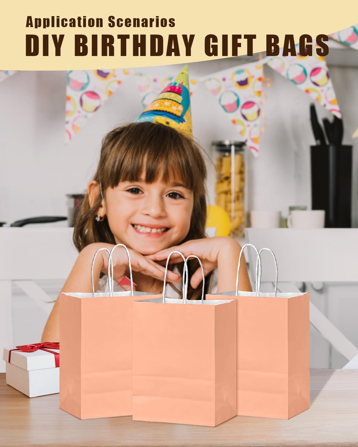 24Pcs Paper Gift Bag with Handles Bulk Peach Pink Paper Bags Multiple Uses (8.3"x6"x3.15", Small Size)