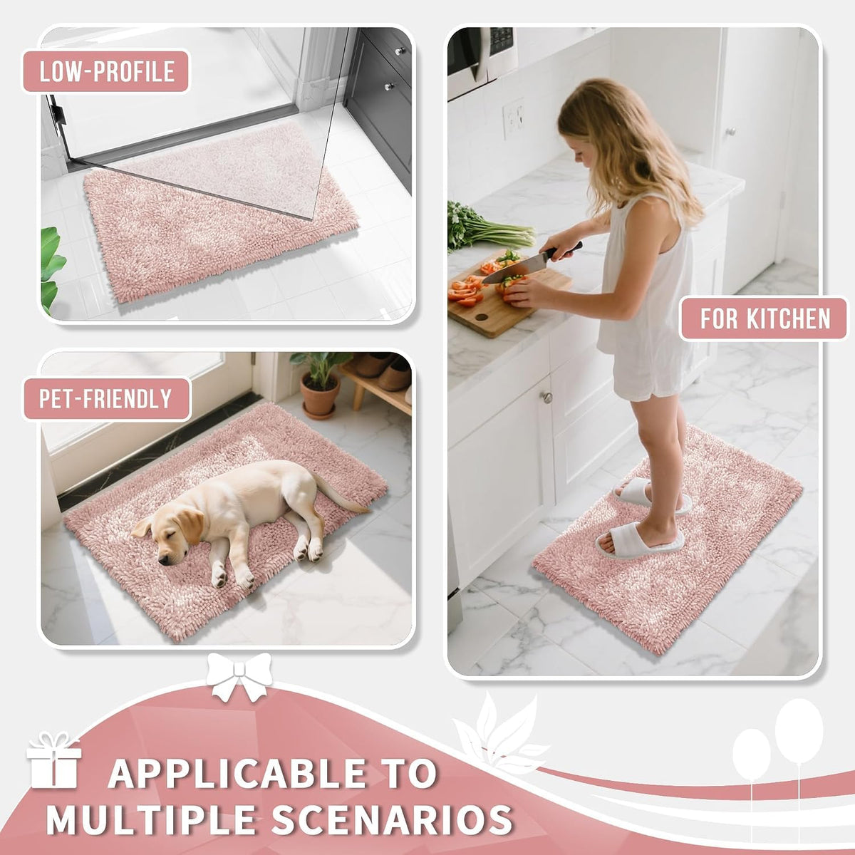 Chenille Bathroom Rugs Non Slip, Extra Thick Soft Absorbent Bath Rug, Machine Washable Quick Dry Bath Mat for Bathroom Floor, Tub and Shower, Home Decor Accessories, 24x17, Pink